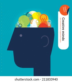 Vector head with bulbs brain. Vector illustration Eps10 file. Global colors. Text and Texture in separate layers.