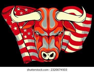 vector of head of bull with american flag on black background