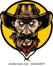vector head cowboy with a scary face while smoking calmly