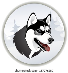 vector head of a dog breed Siberian Husky in a forest, in a circle,