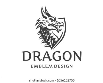 Vector head of a dragon in the form of a shield illustration, logotype, print, emblem design on a white background.