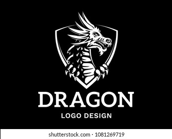Vector head of a dragon in the form of a shield illustration, logotype, print, emblem design on a black background.