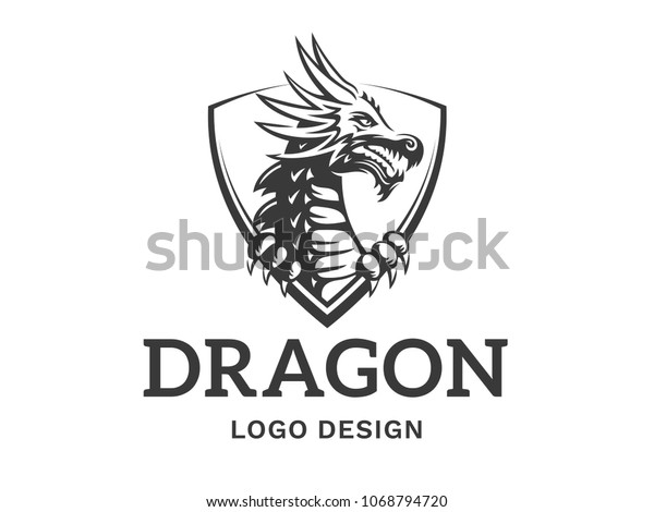 白い背景にドラゴンのベクター画像の頭部をシールドイラスト ロゴ 印刷 エンブレムデザインで描きます のベクター画像素材 ロイヤリティフリー