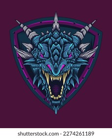 Vector head of a dragon in the front of a shield illustration, logotype, print, emblem design template