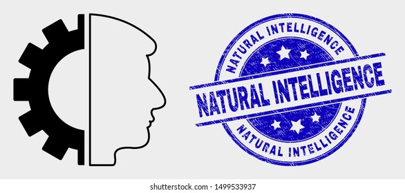 Vector head gear pictogram and Natural Intelligence stamp. Red round textured seal stamp with Natural Intelligence caption. Vector composition in flat style. Black isolated head gear pictogram.