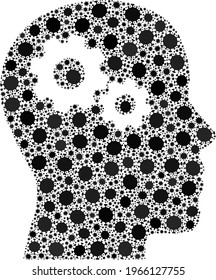 Icono de colaje de los engranajes del cabezal del vector covid-2019 diseñado para fines de bloqueo. El mosaico de los engranajes de la cabeza está diseñado con elementos virales codificados aleatoriamente.