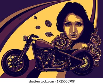 vector head girl with roses and motorcycle