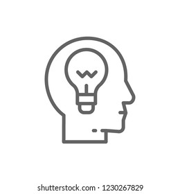 Vector head with lamp, idea generation, think, thought, brain process, knowledge line icon. Symbol and sign illustration design. Isolated on white background