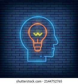 Vector head with lamp, idea generation, knowledge neon sign. Vector illustration in neon style.