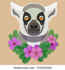 Cabeza vectorial de un lemur con una corona de perwinkles rosados.