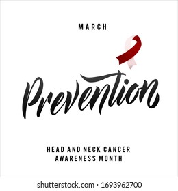 Vector Head and Neck Cancer Awareness Calligraphy Poster Design. Stroke Burgundy and Ivory Color  Ribbons. April is Cancer Awareness Month.