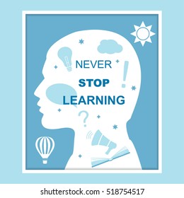 Vector head - never stop learning concept. Banner for online training courses