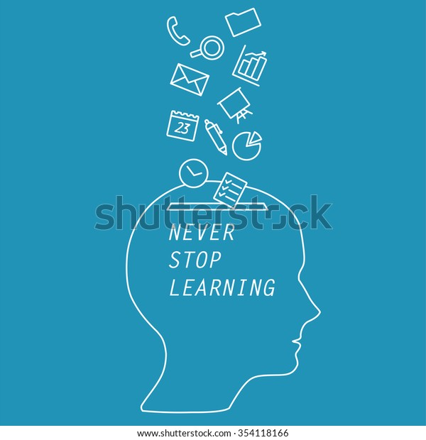 Vector head  - never stop learning. Vector sketch for\
online courses, training, ads banner. Silhouette head with vector\
icons of ads. Vector banner for online training courses - never\
stop learning 