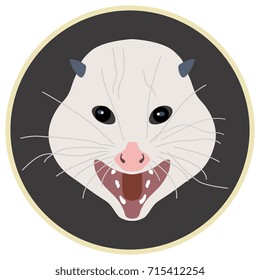 Vector head of opossum in a round frame. Cartoon style.