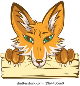 Vector head and paws of fox with wooden board on white background