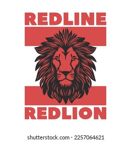 Vector head of a red lion with a mane on a white isolated background. Lettering, red line. Logo, icon or emblem. Representative of the wild world, the king of animals.