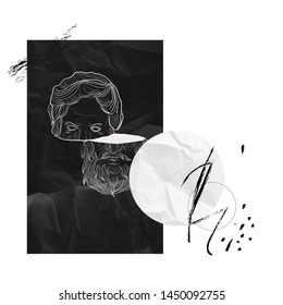 Vector head roman or greek statue bust of male figure in modern style. Surrealism. Creative collage. 