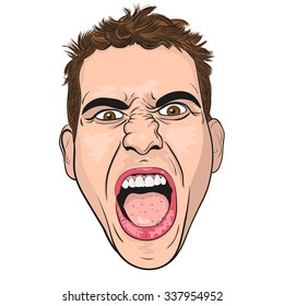 vector head of a screaming angry young man. white background.