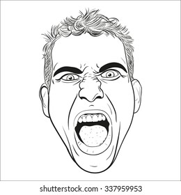 vector head of a screaming angry young men. white background.