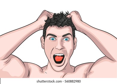 vector head of a screaming angry young men. white background.