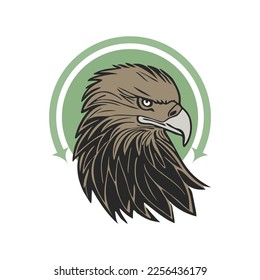 Vector head of a serious eagle in a green circle with arrows on a white background. Emblem, icon or logo.