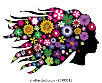 vector head silhouette with floral hair