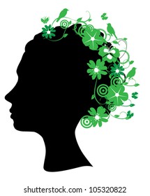 vector head silhouette with green flowers