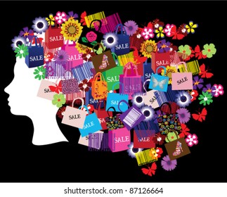 vector head silhouette with shopping items