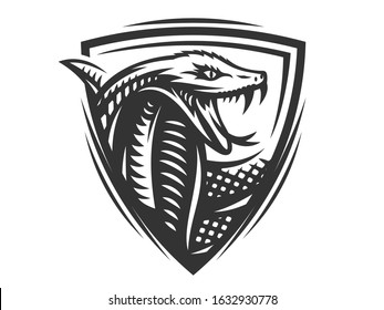 Vector head of a snake, king cobra in the form of a shield illustration, logotype, print, emblem design on a white background.