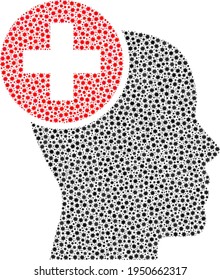 Vector head treatment covid mosaic icon designed for doctor purposes. Head treatment mosaic is created of small covid pathogen parts.