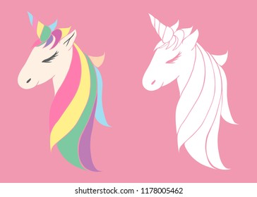 vector head of a unicorn with a horn mane for coloring. pink unicorn beautiful for girls. holiday purple for a birthday.