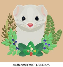  Vector head of a white ferret with a wreath of forest grass and blueberries and wild strawberries.