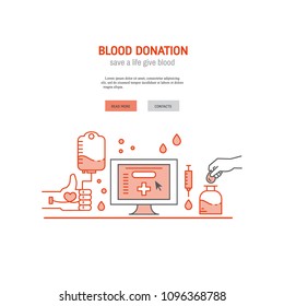 Vector Header or banner with blood donation concept. Registration form for web site, donor arm, blood drops, syringe, monitor. World blood donor day-June 14.