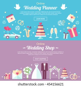 Vector header and banner design templates. For online wedding shop, wedding planner or other wedding services. Flat style.