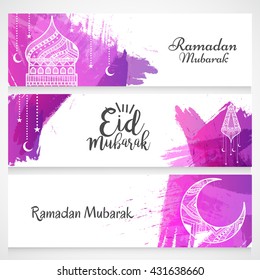 Vector header or banner for festival of ramadan mubarak,eid mubarak.with decorated moon,tomb,latern.