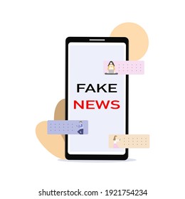 Vector - Cabecera Noticias Falsas en smartmobile. La gente lee y comparte en línea. Analizar información antes de confiar en ella. Concepto tecnológico digital.