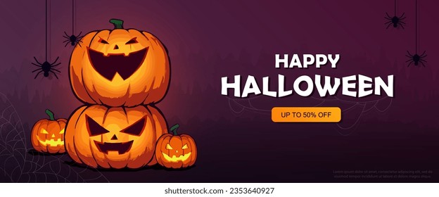 Vector header with orange Halloween pumpkins, black spiders and spider web. October 31st party invitation or holiday sale poster with glowing Jack-o-lantern. Festive wallpaper, panoramic banner