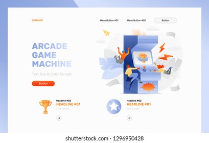 Vector header template of arcade gaming. Tiny peoples playing arcade game. Trophy cup on machine screen, lightnings around.
