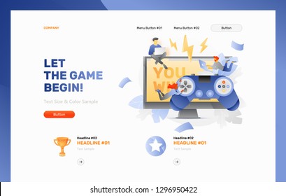 Vector header template of video gaming. Tiny peoples playing video game. Big video game controller over computer monitor with YOU WIN words on it.