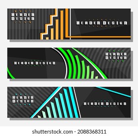 Vector Headers Set, 3 colorful layouts with decorative design curves with copy space for ad text, creative header templates for advertising, horizontal promo concepts with dark striped background