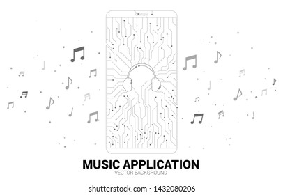 Vector headphone dot connect line circuit board style mobile phone icon. Concept for streaming music application mobile phone technology.