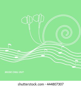 Vector headphone drawn looks like a snail creeping by the music notation staff with notes