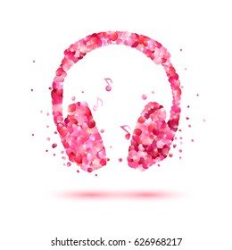 Vector headphone of pink rose petals. Music icon