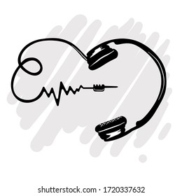 Vector headphones icon. Black symbol silhouette isolated on modern  heart shape Vector illustration in lineart style.