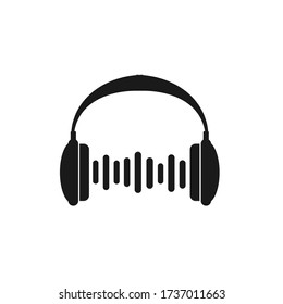 Vector headphones with sound waves icon. Black symbol silhouette isolated on modern gradient background