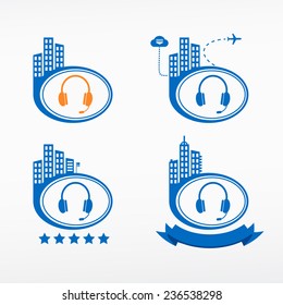 Vector headset icon on city background. Cityscape illustration set.