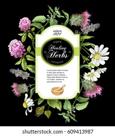 Vector healing herbs vertical banner on black background. Design for herbal tea, natural cosmetics, perfume, health care products, homeopathy, aromatherapy. With place for text