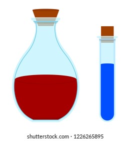 Vector Healing and Mana Potions. Cartoon Magic Elixir Flask isolated on white background. Adventure Items. Vector illustration for Your Design, Game, Card, Web.