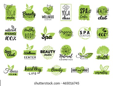 Vector health and beauty care logos or labels. Spa, yoga centers badges. Wellness signs. Hand drawn tags and elements set for organic cosmetics, natural products.