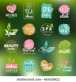 Vector health and beauty care logos or labels. Spa, yoga centers badges. Wellness signs. Hand drawn tags and elements set for organic cosmetics, natural products.